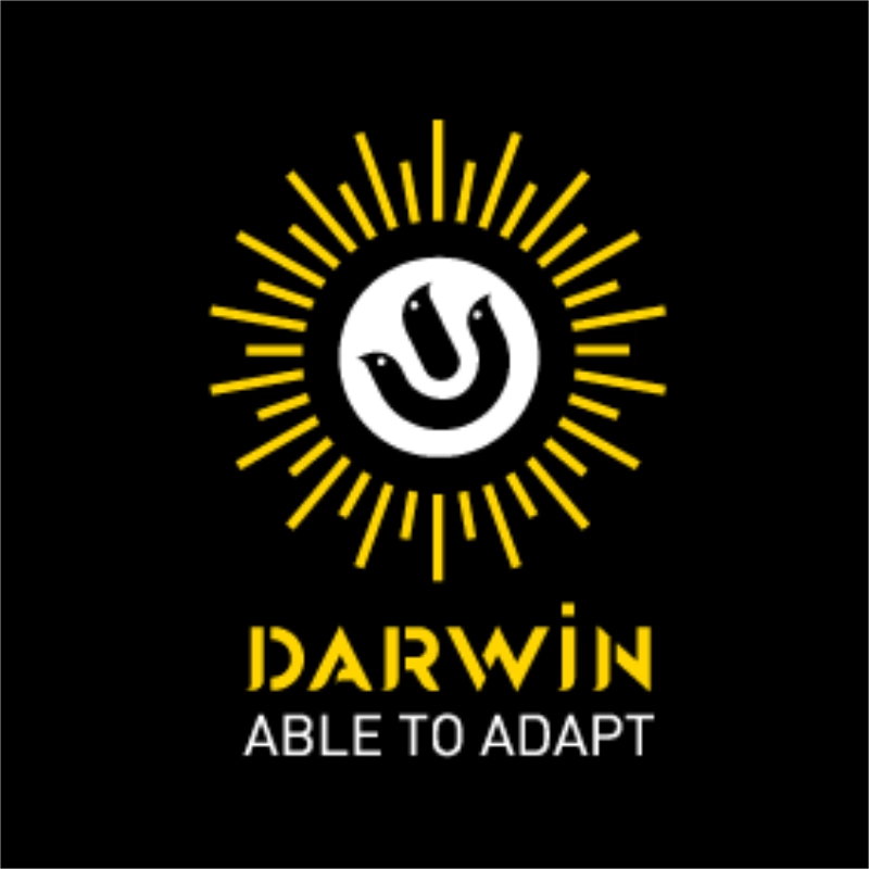 Logo officiel de Darwin Ecosystem sur fond noir représentant un soleil rayonnant jaune avec trois oiseaux stylisés et la mention Darwin Able to Adapt. Partenaire événementiel pour les bars à huîtres éphémères de Dimanch'Huîtres à Bordeaux.