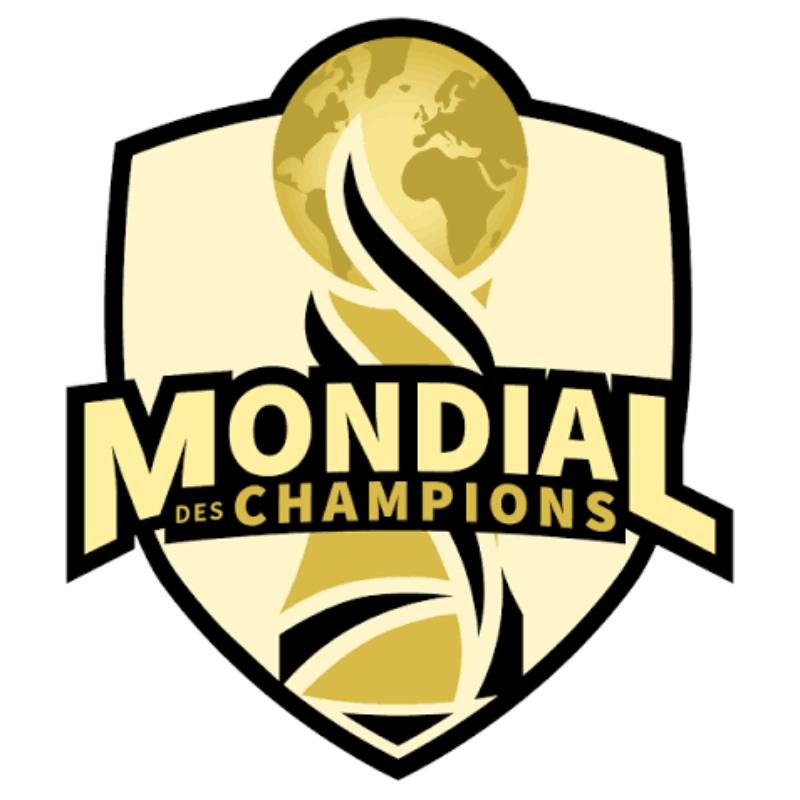 Logo officiel du Mondial des Champions représentant un blason doré et noir avec un trophée surmonté d'un globe terrestre. Identité visuelle de la compétition et de l'événement international de prestige.