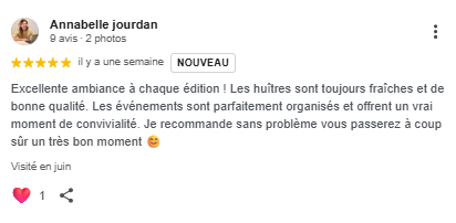 Capture d'écran d'un avis client 5 étoiles sur Google pour Dimanch'Huîtres. Témoignage d'Annabelle Jourdan recommandant les prestations pour l'organisation parfaite, la convivialité et la fraîcheur irréprochable des bars à huîtres mobiles lors d'événements en Gironde.