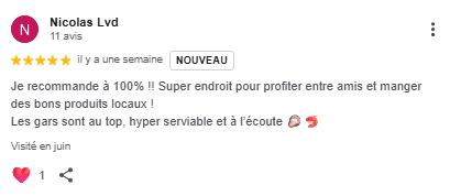 Capture d'écran d'un avis client 5 étoiles sur Google pour Dimanch'Huîtres. Témoignage de Nicolas Lvd recommandant le service de bar à huîtres éphémère pour déguster de bons produits locaux de la mer entre amis lors d'un événement en Gironde.