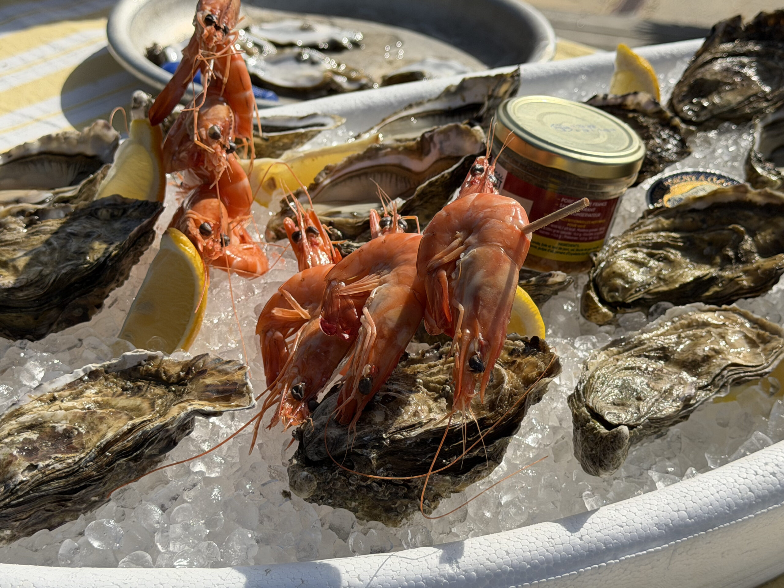Plateau de la formule Signature : huîtres du Cap Ferret, crevettes et citron sur glace pilée