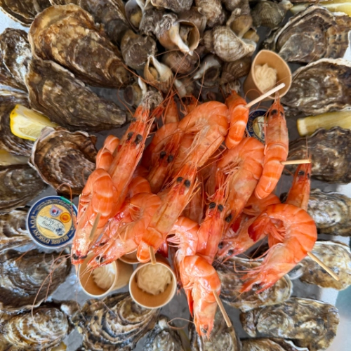 Grand plateau de fruits de mer garni d'huîtres du Cap Ferret, crevettes roses sur piques, bulots, beurre d'Isigny et citrons sur glace pilée pour un buffet événementiel à Bordeaux.