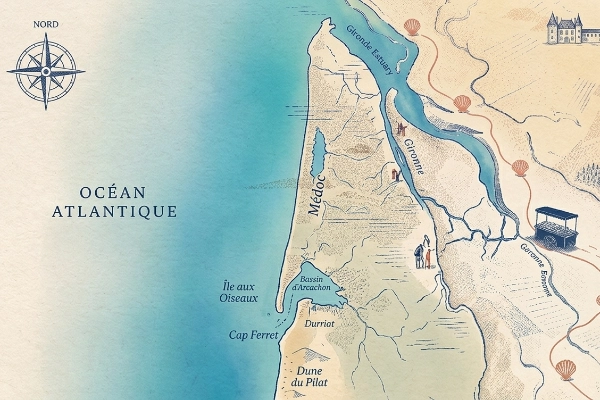 Carte illustrée de la Gironde et du Bassin d'Arcachon précisant la zone d'intervention du bar à huîtres événementiel Dimanc'Huîtres entre Bordeaux, le Cap Ferret et le Médoc.