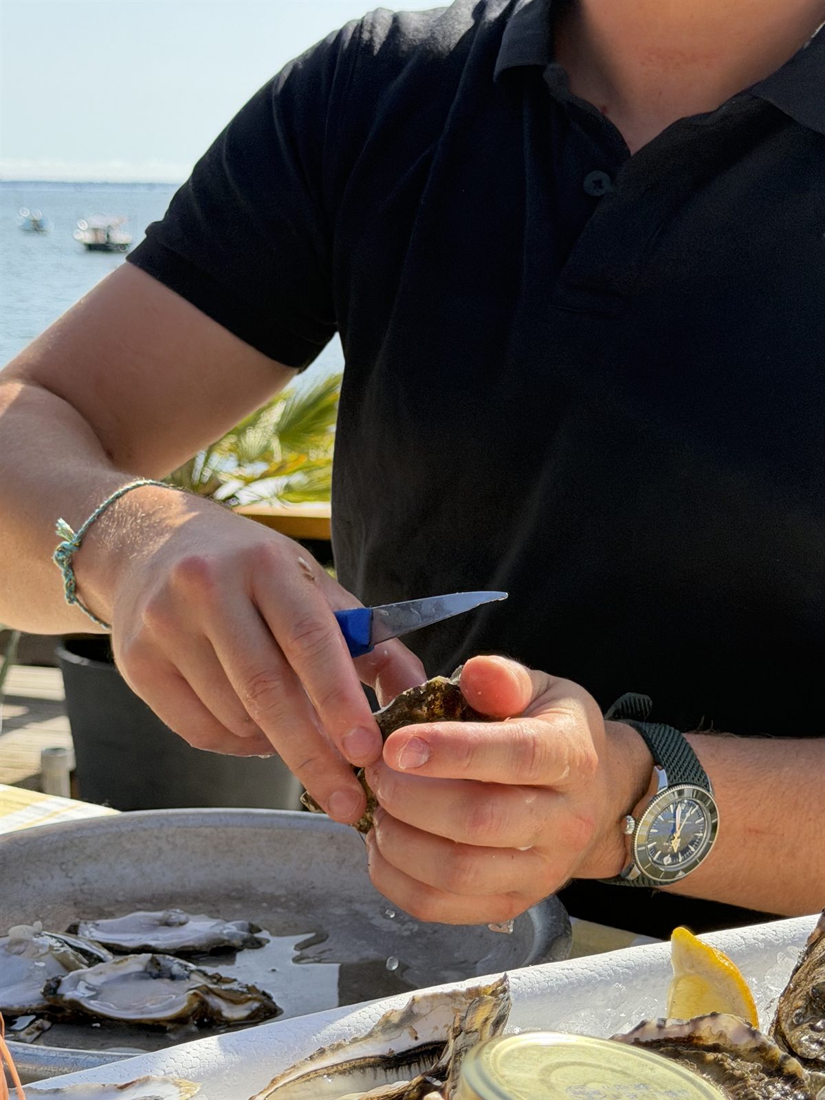 Écailler qui vérifie la fraîcheur d'une huître au couteau